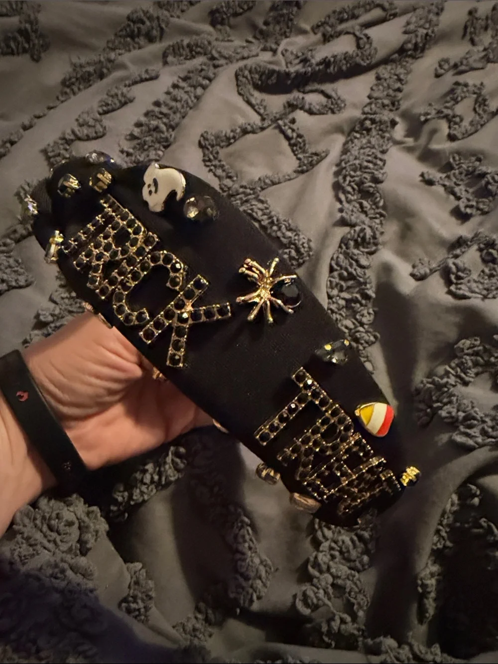 NWOT Black Embellished Knotted Headband with Gold Accents and Halloween Charms
